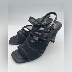 Vintage Black Leather Mesh PALOMA Heels Open Toe Shoes Sandals Size 7 Italy
